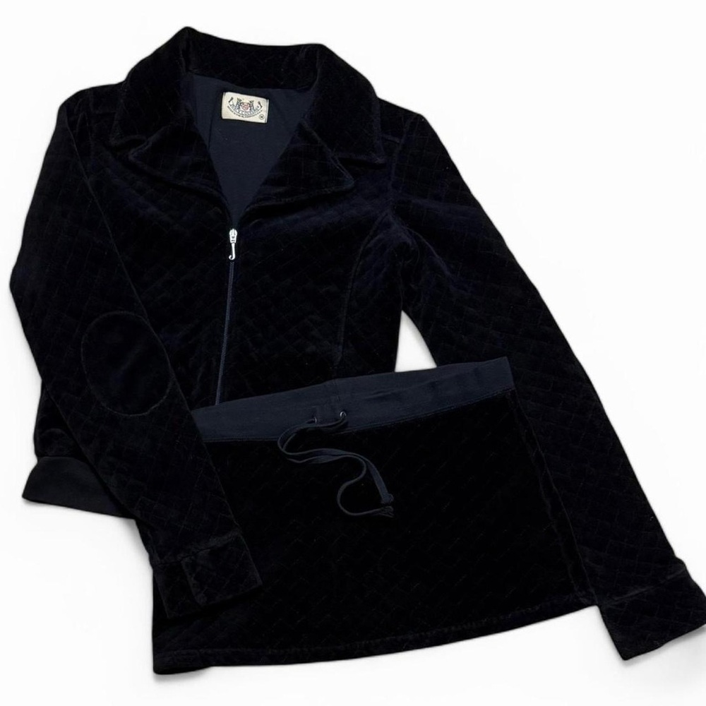 Y2K AUTHENTIC JUICY COUTURE BLACK VELOUR QUILTED JACKET AND SKIRT SET
